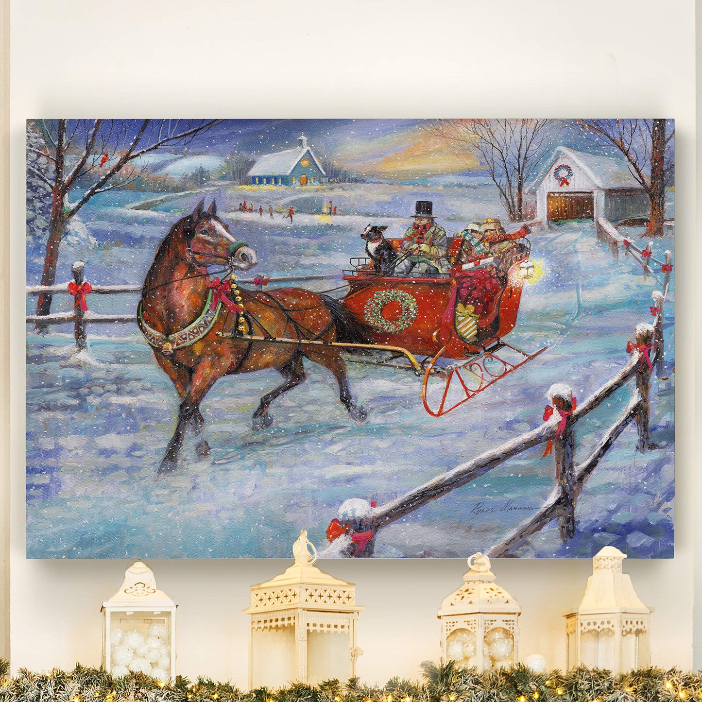 Renditions Gallery Xmas Canvas Wall Art Paintings Ruane Manning Sleigh Bells Christmas Ride Abstract Art Wall Hanging Prints for Bedroom Dining Living Room Office Home Kitchen Decor - 32"X48" LT18