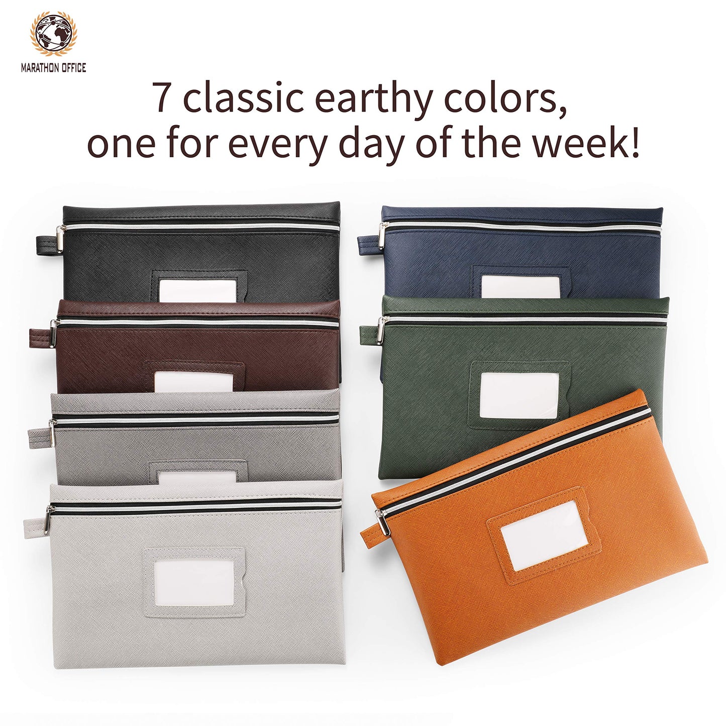 Premium 7-Piece Bank Bag Set - Heavy-Duty Zippered Faux Leather Cash Bag, Deposit Bag, or Tool Pouch - Water Resistant, 7 Earthy Colors - Bank Deposit Bag, Pencil Pouch, Coin Bag, Zipper Pouch