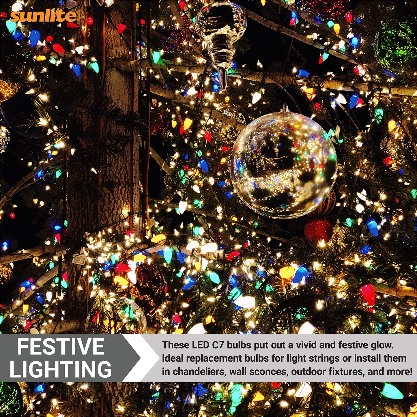 Sunlite 40462 LED C7 Holiday Decorative Light Bulb, 0.4 Watts, E12 Candelabra Base, Faceted Christmas-Lights; Nightlight, Yellow