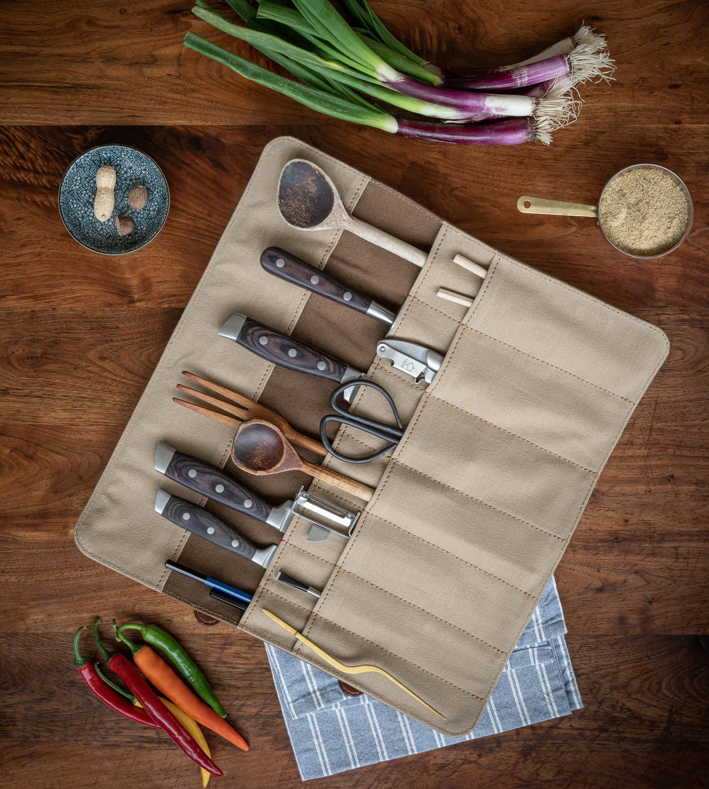 Angus Stoke knife roll bag made of real buffalo leather | 14-slot leather knife case for chef's knives - large knife bag Duplex (brown)