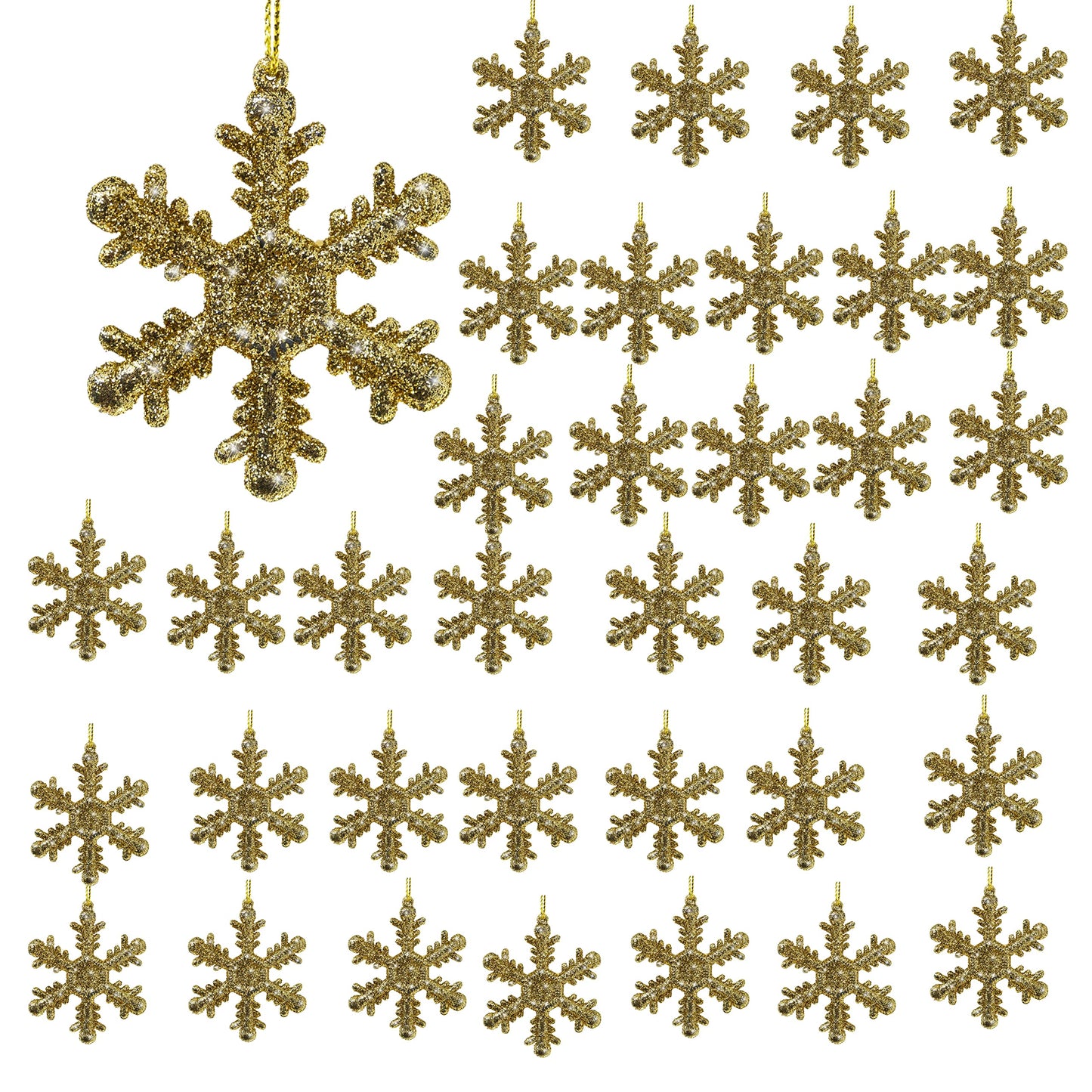 Gold Snowflake Christmas Ornaments Set of 36 – Glittered 2.5 Inch Hanging Snowflake Decorations for Christmas Tree, Windows, Wreaths, Crafts & Winter Holiday Décor
