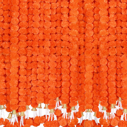 OCTERIC 6 Pcs 5 Ft Artificial Marigold Flowers Garland, Dia de Los Muertos Faux Garlands Diwali Decoration with Pendant Bell for Indian American Wedding Party Mantle Decor (Dark Orange)
