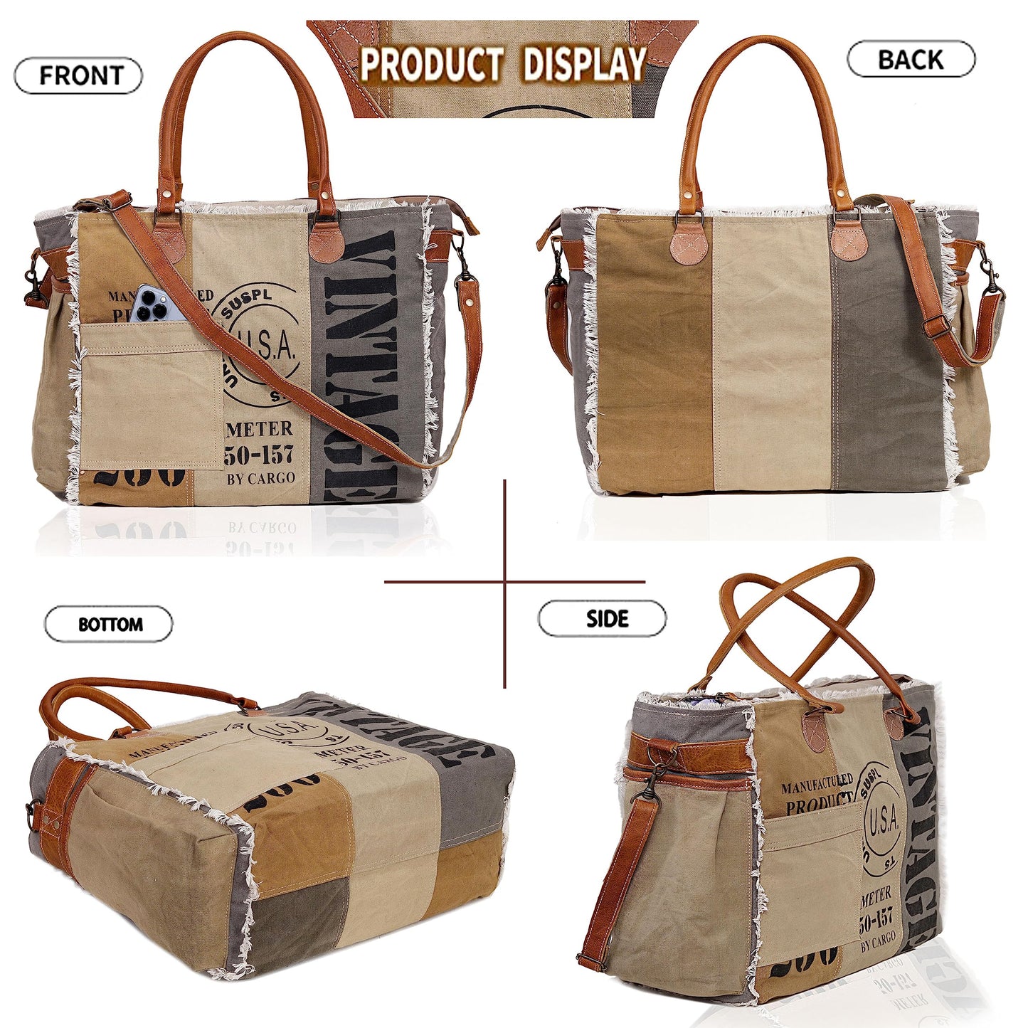 CLA Bags SEL de MER Large Upcycled Canvas & Cowhide Leather Crossbody Tote Handbag for Women (Cream & Grey Color)