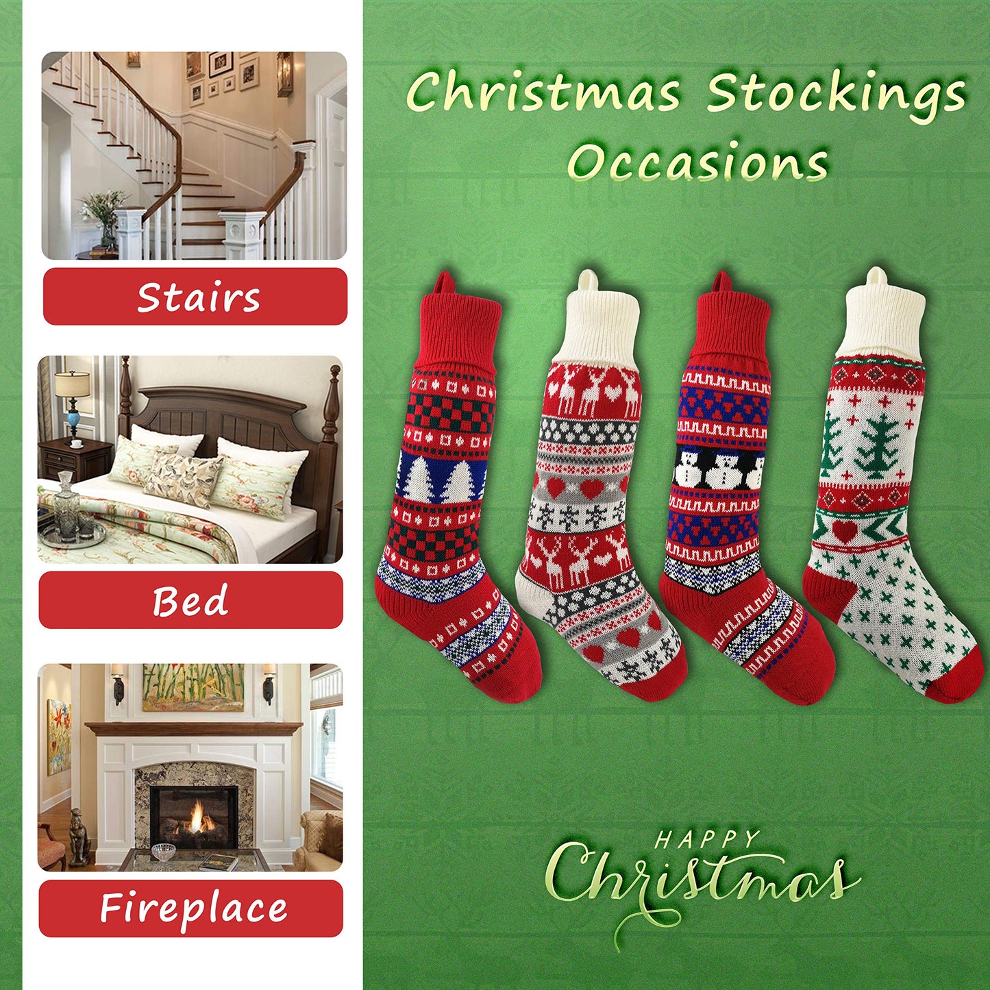 Bstaofy Set of 4 20'' Extra Long Knitted Christmas Stockings Stretchable Handmade Woven Snowflakes and Reindeer Assorted Xmas Tree Hanging Decorations