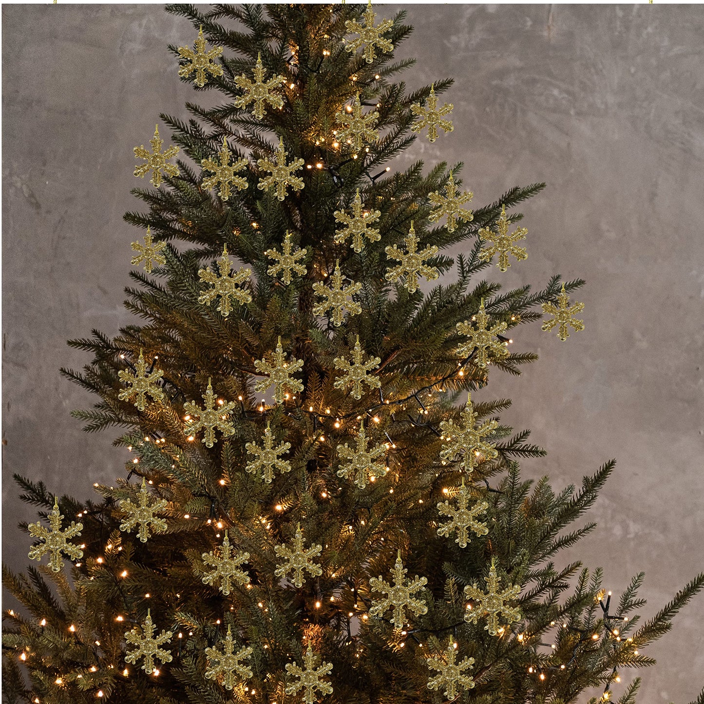Gold Snowflake Christmas Ornaments Set of 36 – Glittered 2.5 Inch Hanging Snowflake Decorations for Christmas Tree, Windows, Wreaths, Crafts & Winter Holiday Décor