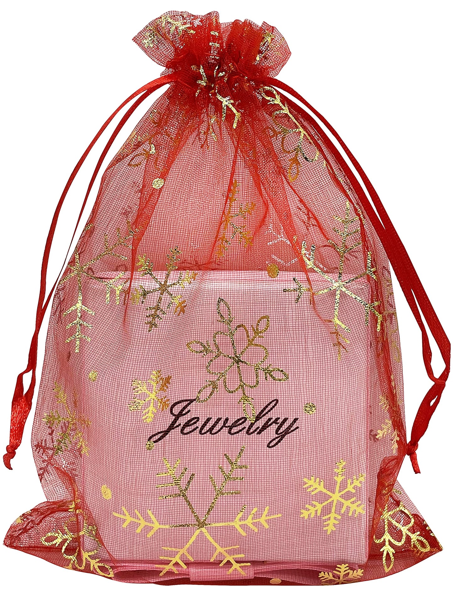 Jexila 100PCS Christmas Organza Bag 5''X7'' Red Snowflake Mesh Drawstring Jewelry Gift Bags for Xmas Wedding Party Favor Treat Bags