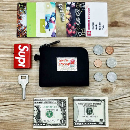 Rough Enough Small Coin Purse Card Wallet Pouch with Zipper Neck Lanyard Keychain for Men Women Teen Boys Black Cordura