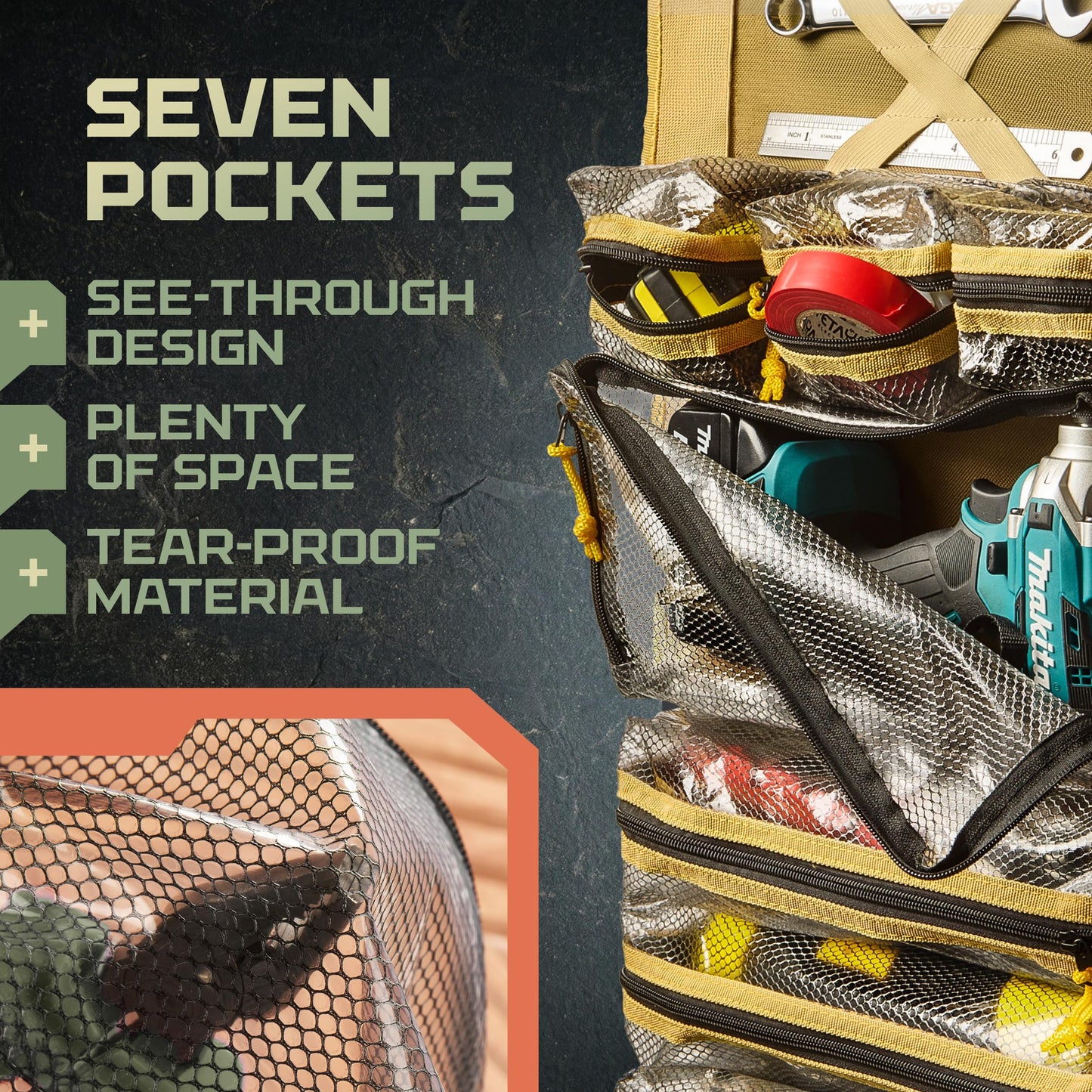Myolnir Roll Up Tool Bag Organizer With Kickstand - Full-Size 25" Heavy Duty Tool Roll Bag - Portable Rollup Toolbag With Magnetic Panels & Transparent Pockets - Mechanic, Electrician & Tradesperson