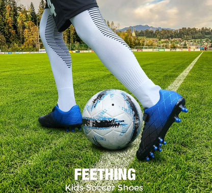 FEETHING Youth Soccer Cleats for Boys and Girls Firm Ground Football Shoes with Easy-On Hook & Loop Closure Lightweight & Breathable for Outdoor Field Play (Little Kid & Big Kid Sizes)