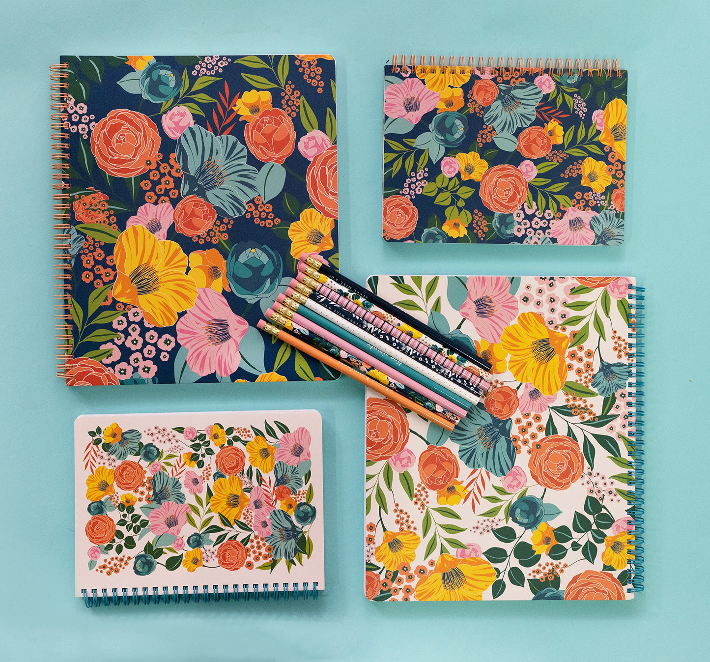 Steel Mill & Co Cute Large Spiral Notebook College Ruled, 11" x 9.5" with Durable Hardcover and 160 Lined Pages, Garden Blooms (Navy)