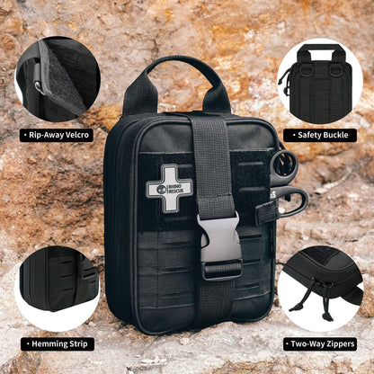 RHINO RESCUE Survival First Aid Kit, HSA/FSA Eligible, Emergency Kit Molle Pouch IFAK Medical Kit for Vehicles Car Camping Backpacking Hiking Hunting Black