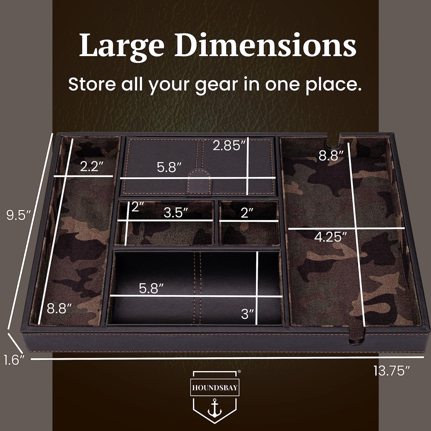 HOUNDSBAY Victory Valet Tray for Men, Camo Gifts for Men, Handmade PU Leather EDC Tray, Scratch Resistant, Nightstand Organizer - Black Woodland Camo