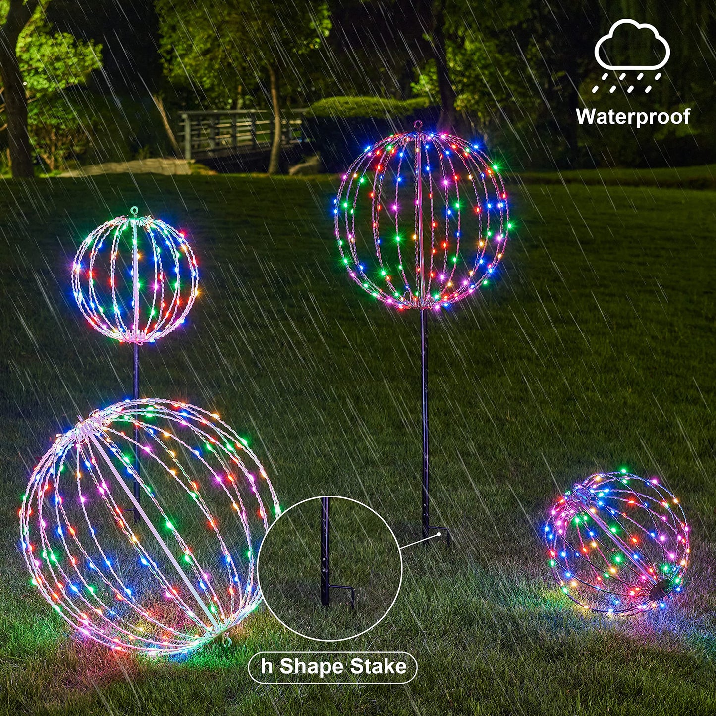 LIGHTSHARE 10IN 48LED Light Ball Yard Decoration Pathway Lights Sphere with Remote Control Fold Flat Metal Frame Indoor Outdoor Waterproof Garden TJQ25B-RGB Brown Frame / RGB 10''