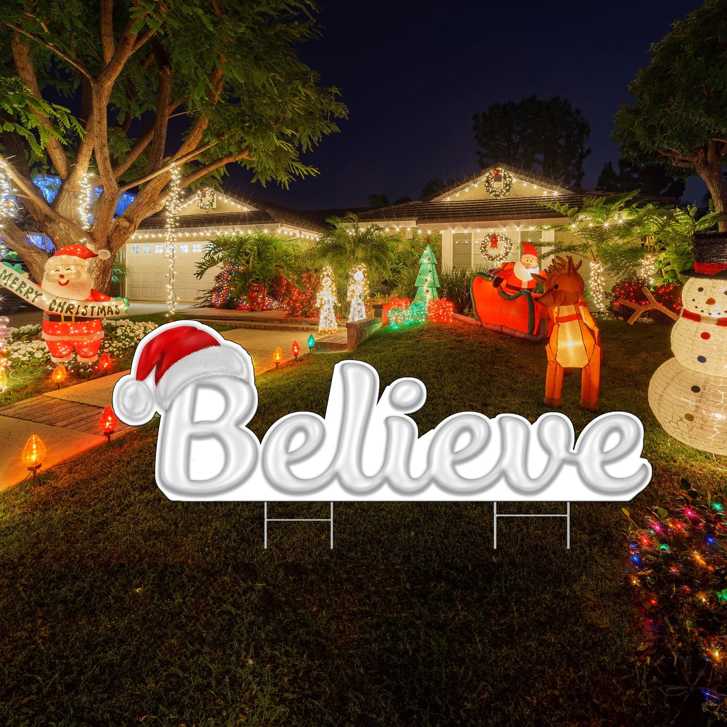 Large Believe Die Cut Christmas Classic Yard Sign for Home Decor and Lawn Decoration With Stakes, Merry Christmas Sign