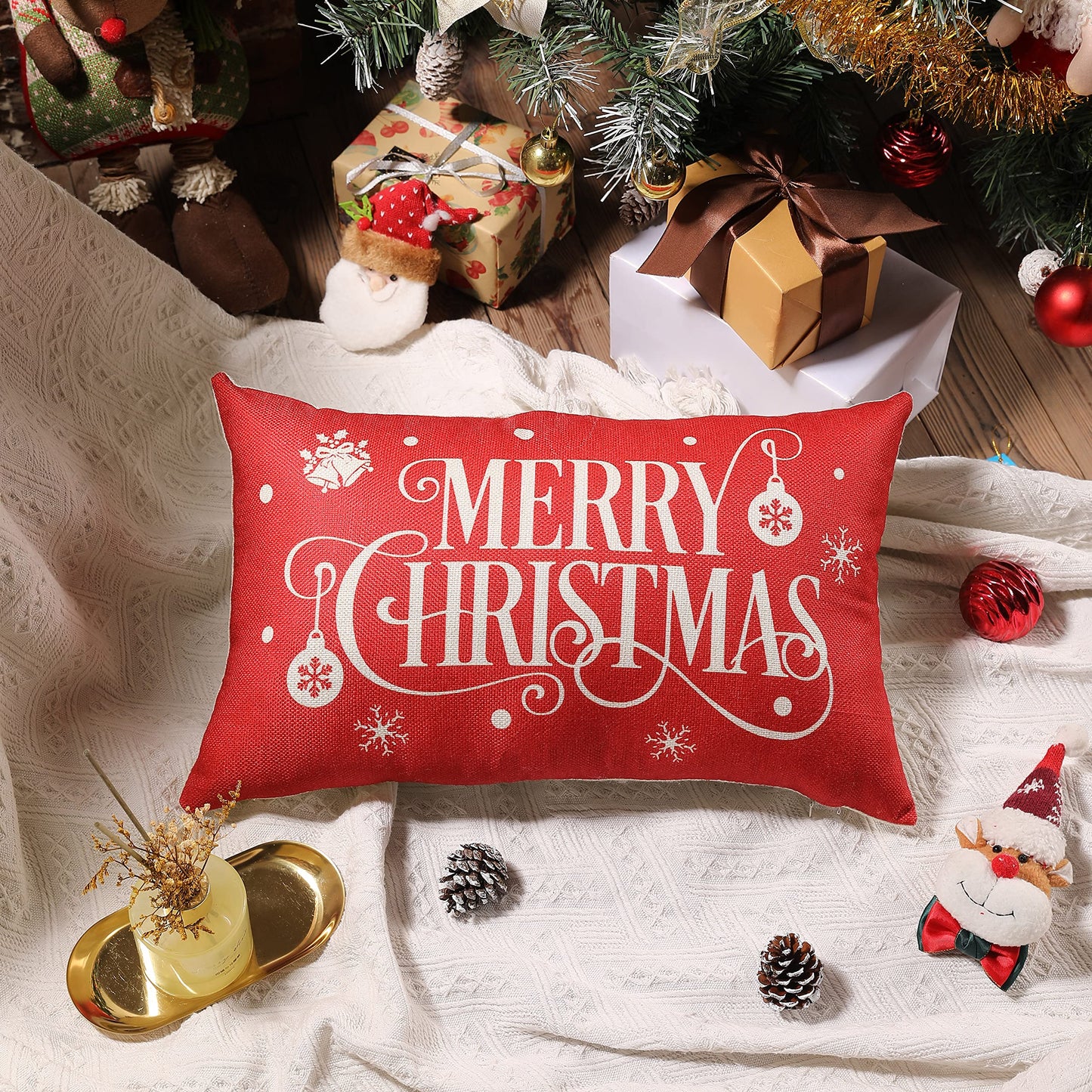 Allorry Merry Christmas Pillow Covers Set of 2 Cotton Linen Farmhouse Christmas Decorations Throw Pillow Cases Covers for Couch Bed Sofa 12x20 Inches