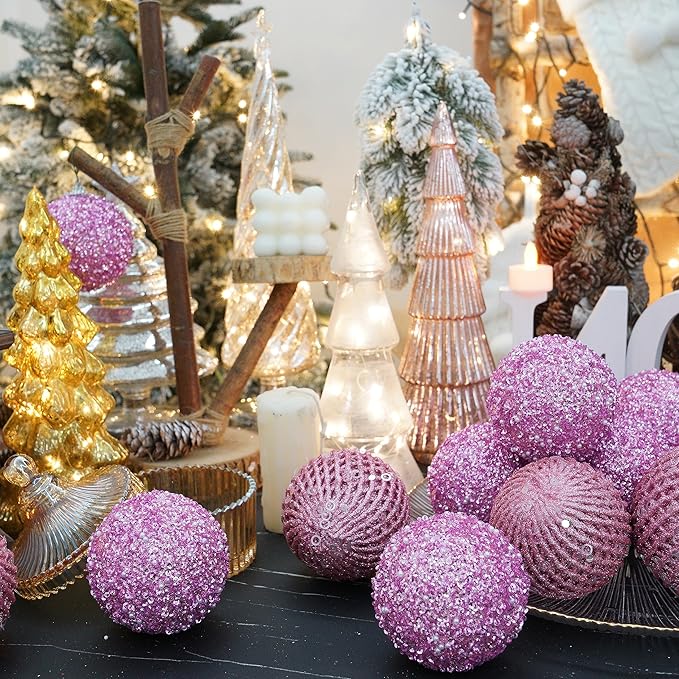 6pcs 3.94" Christmas Ball Ornaments Glitter Shatterproof Christmas Tree Ornaments Sequin Xmas Hanging Balls Decorations for Wedding Party Holiday(Pink)