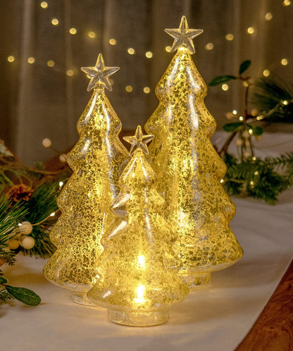 Red Co. 8.5”, 11”, 12.5” Light-Up Clear Glass Christmas Tree Tabletop Display Figurine Set of 3 Sizes, Mercury Gold