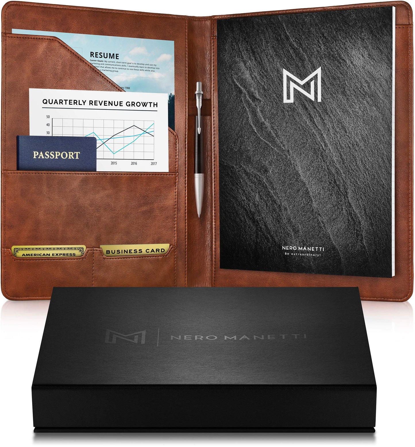Nero Manetti - Leather Portfolio Folder - Business PU Leather Notepad Holder for Resumes, Legal Pad Executive Binder, Professional Padfolio Notebook for Women/Men (Brown)
