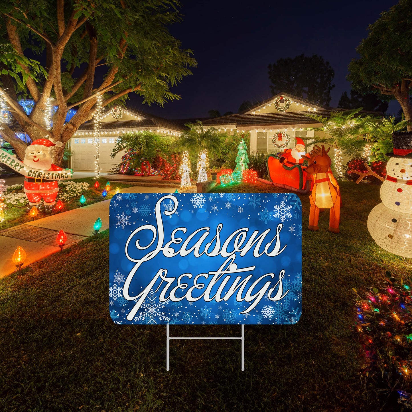 Seasons Greetings Blue Christmas Classic Yard Sign for Home Decor and Lawn Decoration With Stakes, Merry Christmas Sign 17x13 Inch