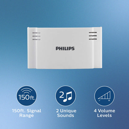 Philips Wireless Doorbell Kit, Plug-In Reciever, 2 Push Buttons, 8 Melodies, 4 Volume Levels, 150 Ft Range, White, DES2280W/27