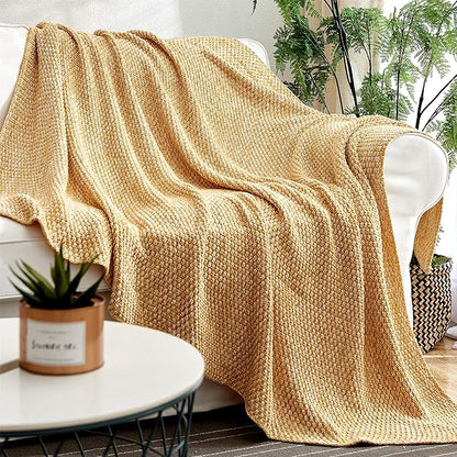 Longhui bedding Gold Knitted Throw Blanket for Couch, Soft, Cozy Machine Washable 100% Cotton Sofa Blanket, Heavy 2.5lb Weight, Laundry Bag Included, Mustard Yellow and White