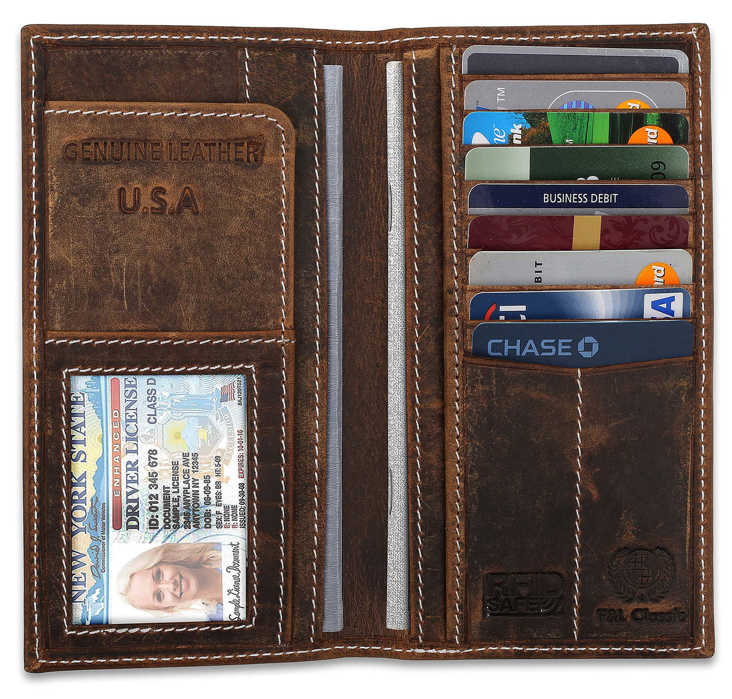 F&L CLASSIC Men's RFID Vintage Look premium Genuine Leather Long Bifold Wallet Checkbook Wallets,buffalo vintage leather