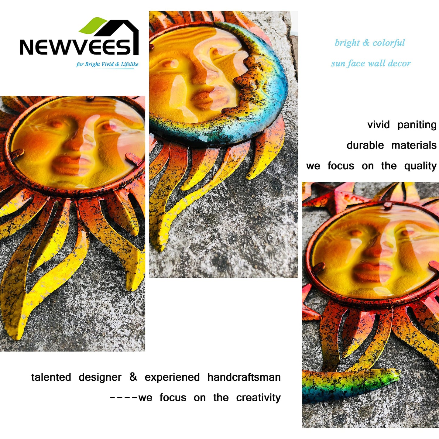 NewVees Sun Face Metal Wall Art Décor Outdoor Indoor, Sun Moon Star, Metal Glass Hanging for Garden Sun Face Sculptures & Statues Statues Wall Art for Farmhouse, Patio, Garden Decoration(3 Pack)