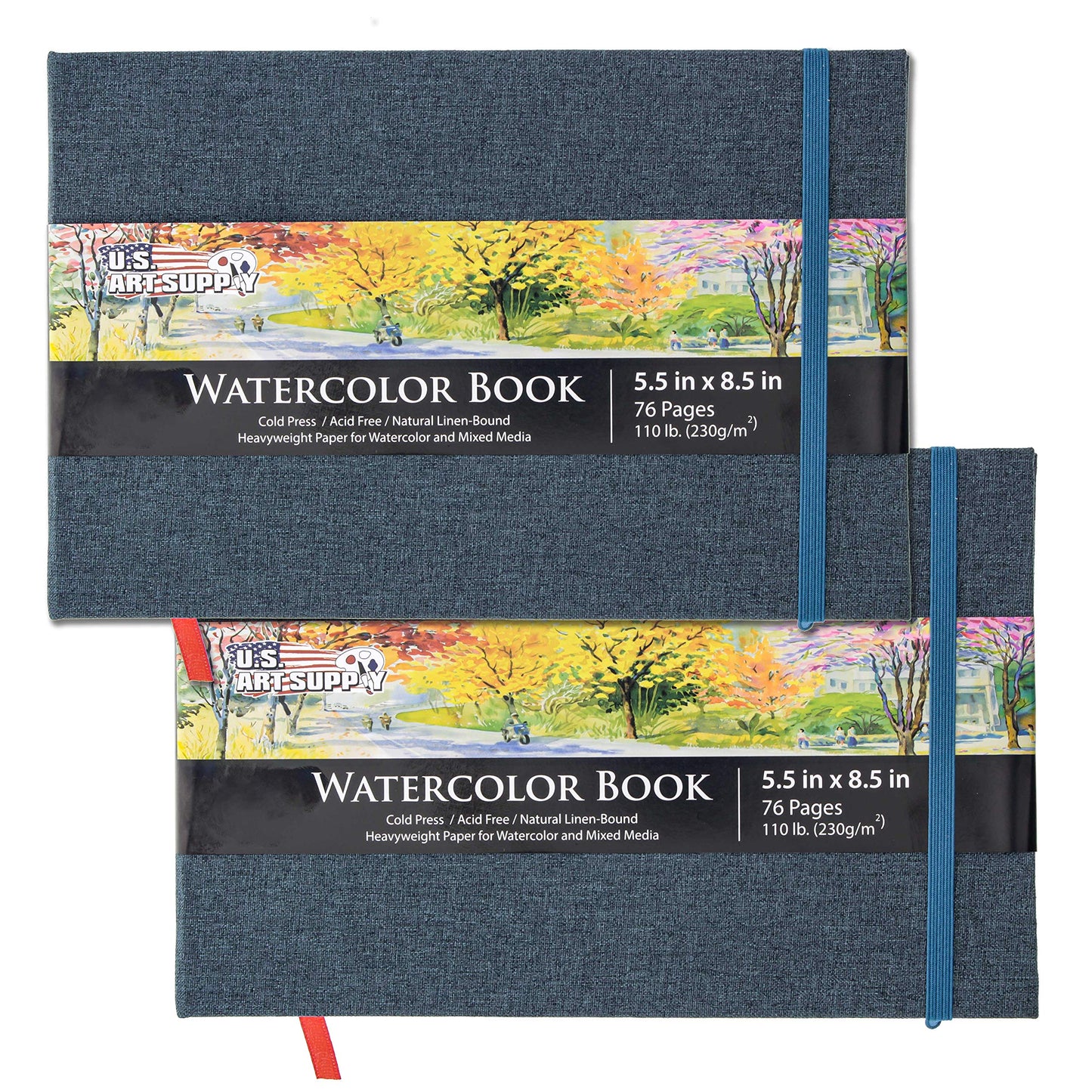 U.S. Art Supply 5.5" x 8.5" Watercolor Book (2 Pack, 76 Sheets Each) - 110lb (230 GSM) Linen-Bound Hardcover Artist Paper Pads - Acid-Free Cold-Pressed Watercolor Paper Pad Mixed Media