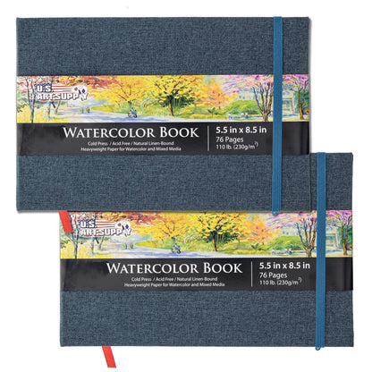 U.S. Art Supply 5.5" x 8.5" Watercolor Book (2 Pack, 76 Sheets Each) - 110lb (230 GSM) Linen-Bound Hardcover Artist Paper Pads - Acid-Free Cold-Pressed Watercolor Paper Pad Mixed Media