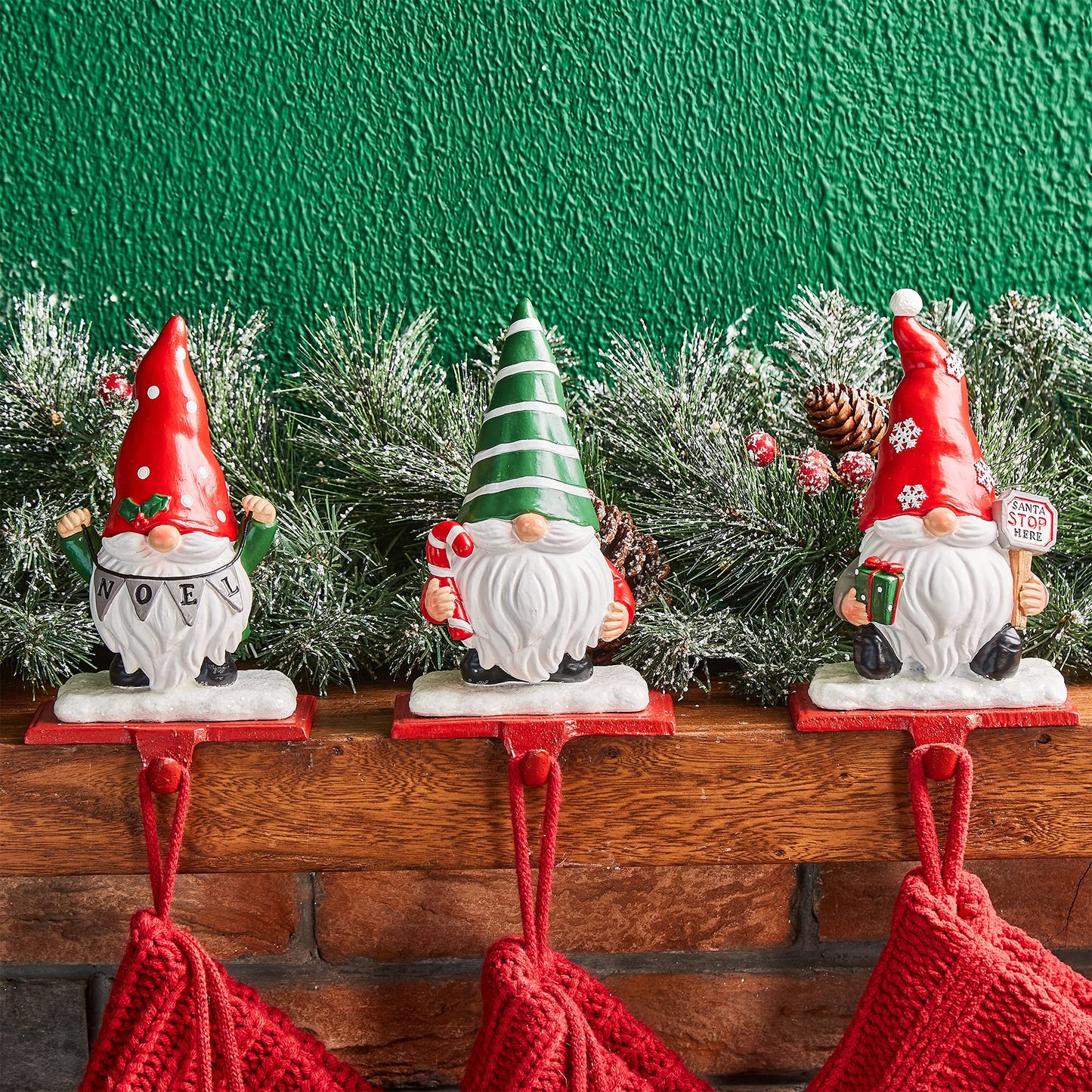 Glitzhome Christmas Stocking Holder, Set of 3 Resin Gnomes Sock Hangers Festive Gnome Figurines with Metal Base for Mantel, Fireplace, Shelf, Holiday Home Decor