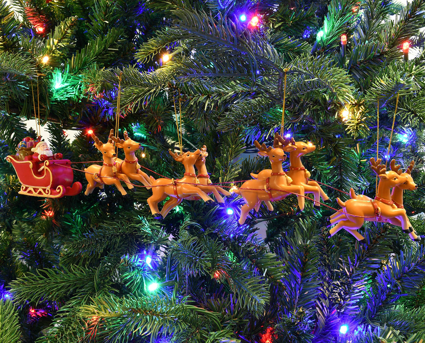 Tree Buddees Large 5 Piece Hand Painted Full Santa's Sleigh and 8 Reindeer Christmas Ornaments Set - 17.5 Inches Long