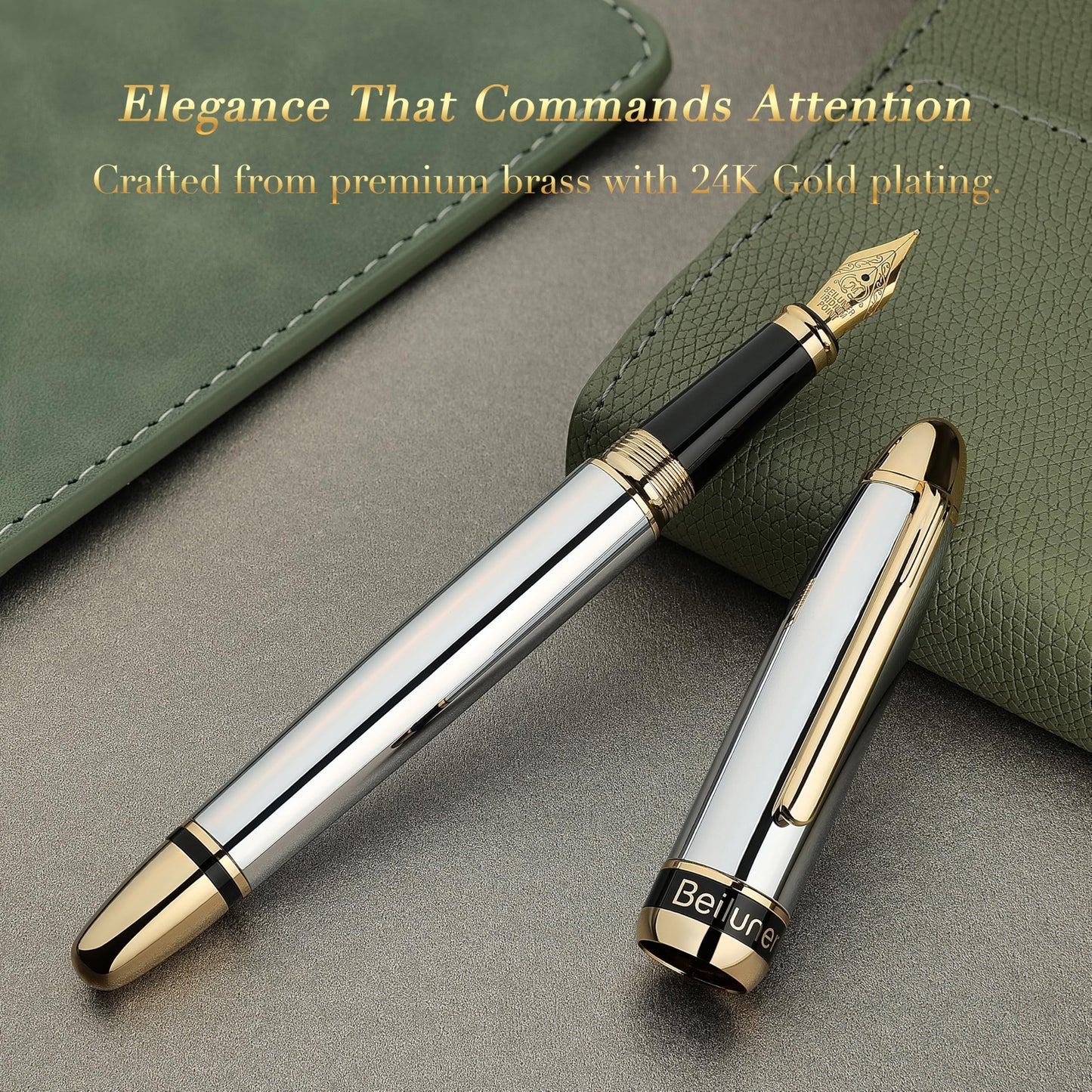 BEILUNER 315 Silver Chrome Fountain Pen,Stunning Luxury Pens with 24K Gold Accents, Gorgeous 24K Gilded Nib(Medium), Ink Converter,Fancy Pen Gift for Men&Women-Elegant, Office, Reliable, Nice Design