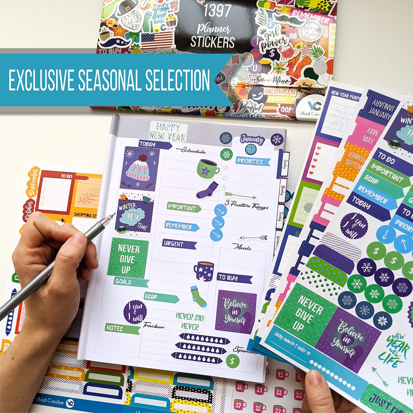 Vladi Creative Expanded Aesthetic Planner Stickers – Contains 1397 Pcs, 23 Sheets with Numbered Dates, Seasonal, Scrapbook, Calendar & Journal for Monthly Planning, Organization, and Creative Fun