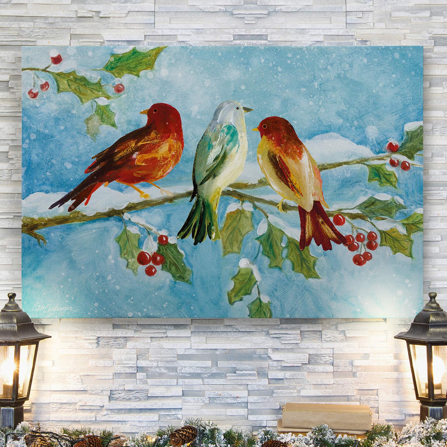 Renditions Gallery Animals Wall Art Paintings for Home Decor SnowBirds Sitting on Holly Tree Abstract Art Wall Hanging Prints for Bedroom Dining Living Room Office Home Kitchen Decor - 32"X48" LT18