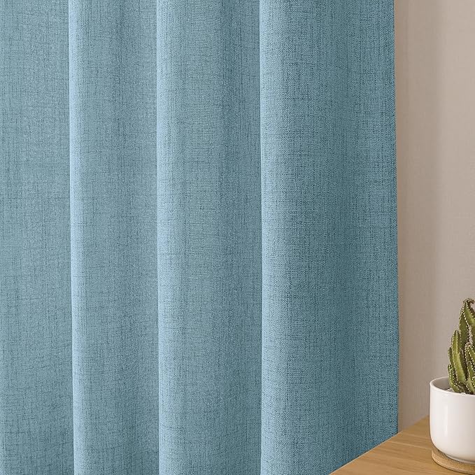 Tollpiz Linen Curtain Bedroom Rod Pocket Semi Sheer Curtains Burlap Light Filtering Thick Linen Drape for Living Room, 54 x 63 inches Long, Dusty Blue, Set of 2 Panels