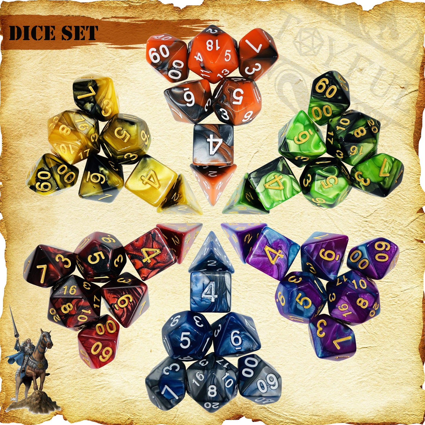 TOYFUL 6 Sets Double-Color Polyhedral Dice for DND, RPG, MTG & Table Games - 7pcs Set (d20, d12, 2x d10, d8, d6, d4) with 6 Drawstring Bags, 1 Big Bag, 1 PU Leather Dice Tray & Sticker
