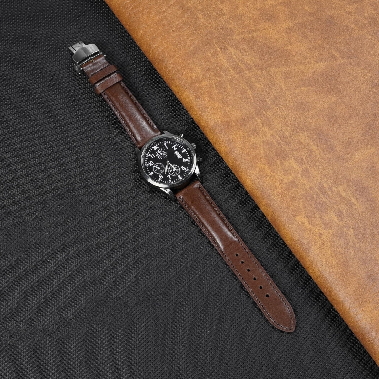 20mm Dark Brown Leather Watch Band Deployment Clasp Quick Release Handmade Leather Strap Butterfly Buckle Replacement Wristband for Men, Christmas Fathers Day Gift for Dad Son Husband DH-203D-S-20MM