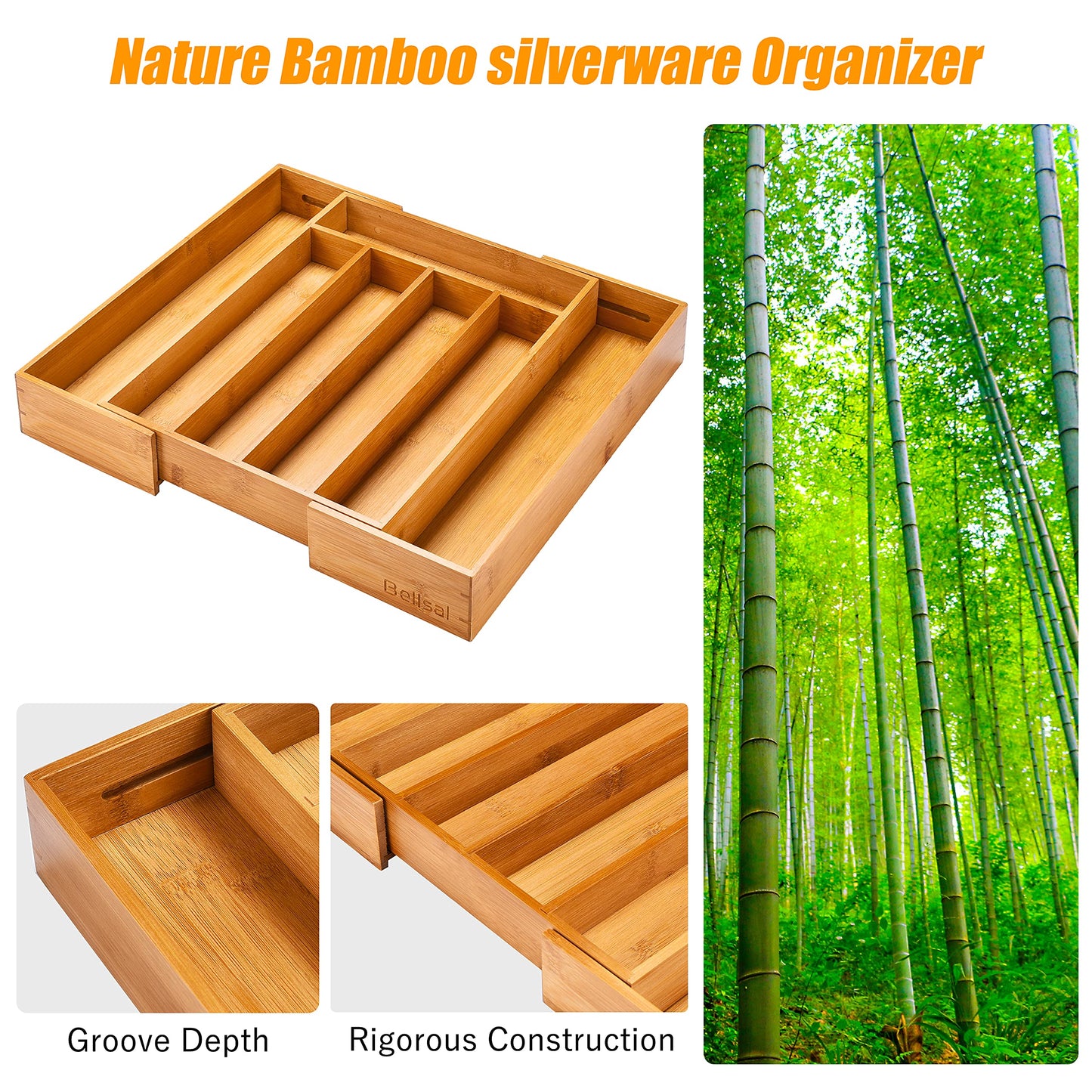 Bellsal Silverware Organizer Kitchen Drawer Organizer Expandable Bamboo Utensil Holder Cutlery Tray for Kitchen Utensil and Flatware Bedroom Office