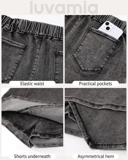 High-Waisted Jean Skorts for Women - Stretchy Denim Wrap Skirt with Shorts | Trendy Asymmetrical Design