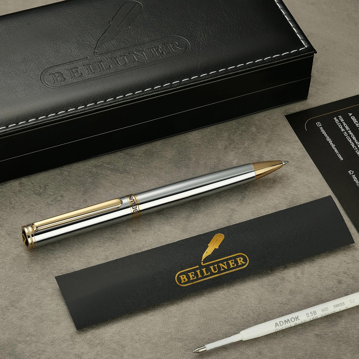 BEILUNER Silver Gold Gel Pen - Luxury Featuring sophisticated chrome finishes, with 24K Gold Accents, Best Pen Gift Set for Men & Women, Business Signature, Executive, Office Retractable Pens
