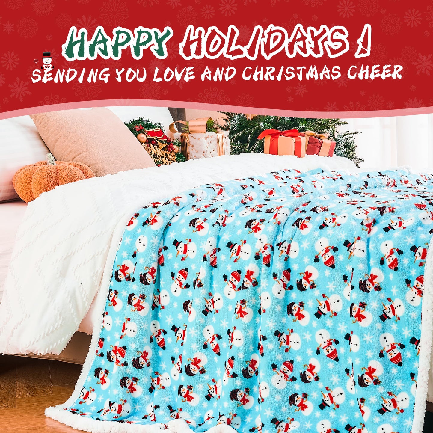 Ramees Christmas Throw Blanket, Christmas Decorations Blankets and Throws, Fuzzy Cozy Soft Warm Fleece Sherpa Winter Holiday Blanket for Bed Couch Sofa Reindeer Snowflakes