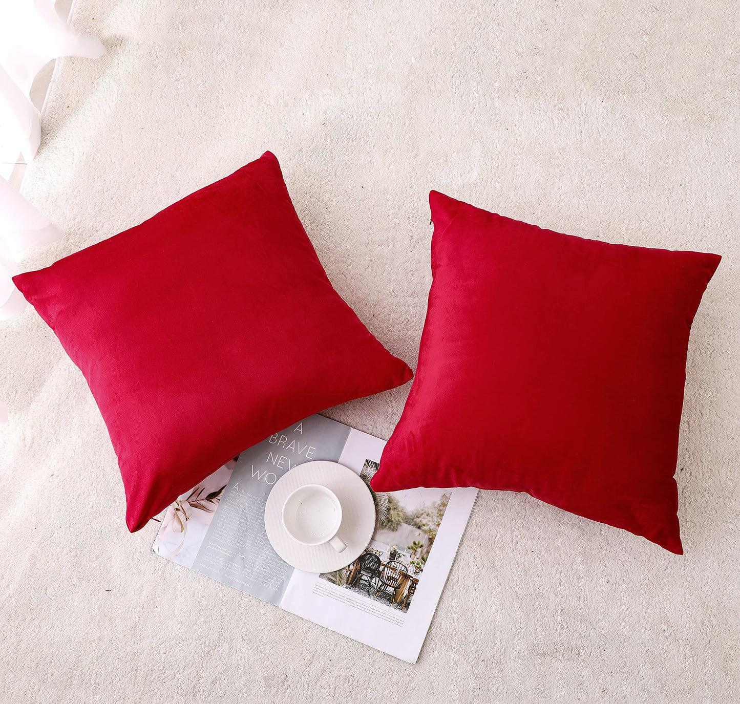 NiNi ALL Decorative Throw Pillow Covers Velvet Soft for Couch Sofa Bedroom Living Room Outdoor Pack of 2 18x18 Inch Red