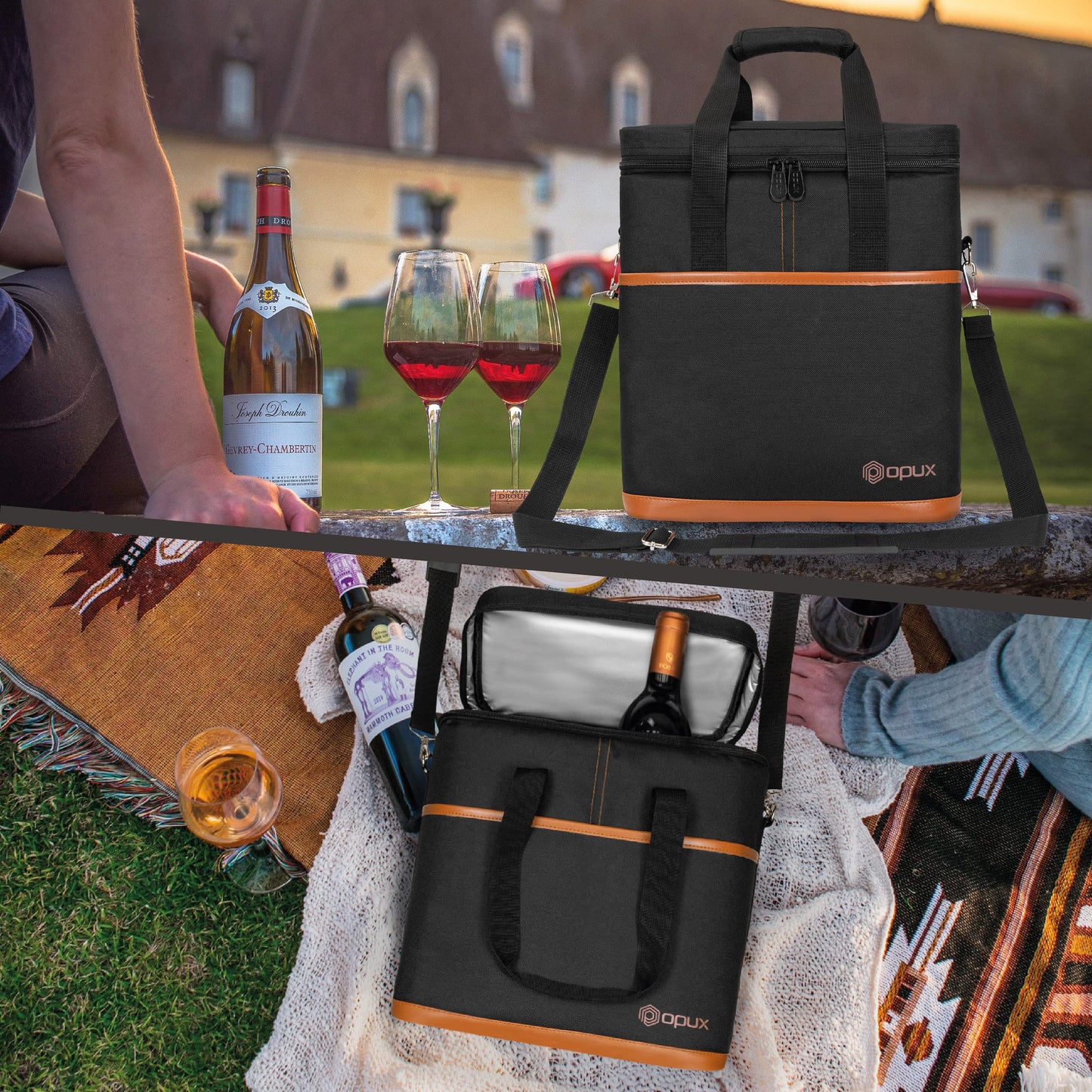 opux 6 Bottle Carrier Tote | Insulated Padded Wine Cooler Bag for Travel. Picnic, BYOB | Portable Leakproof Wine Tote Bag for Dinner, Party, Christmas, Wine Gift for Women, Men (Brown)