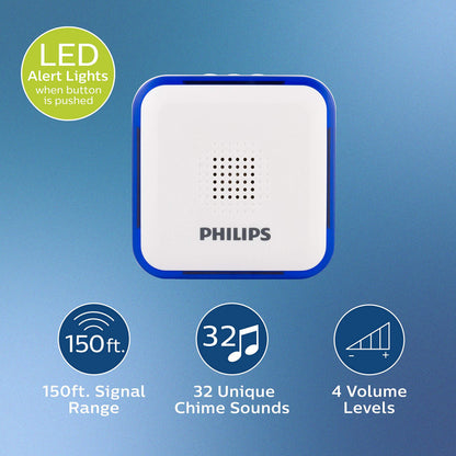 Philips Wireless Doorbell Kit, Plug-In Reciever, 2 Push Buttons, 8 Melodies, 4 Volume Levels, 150 Ft Range, White, DES2280W/27