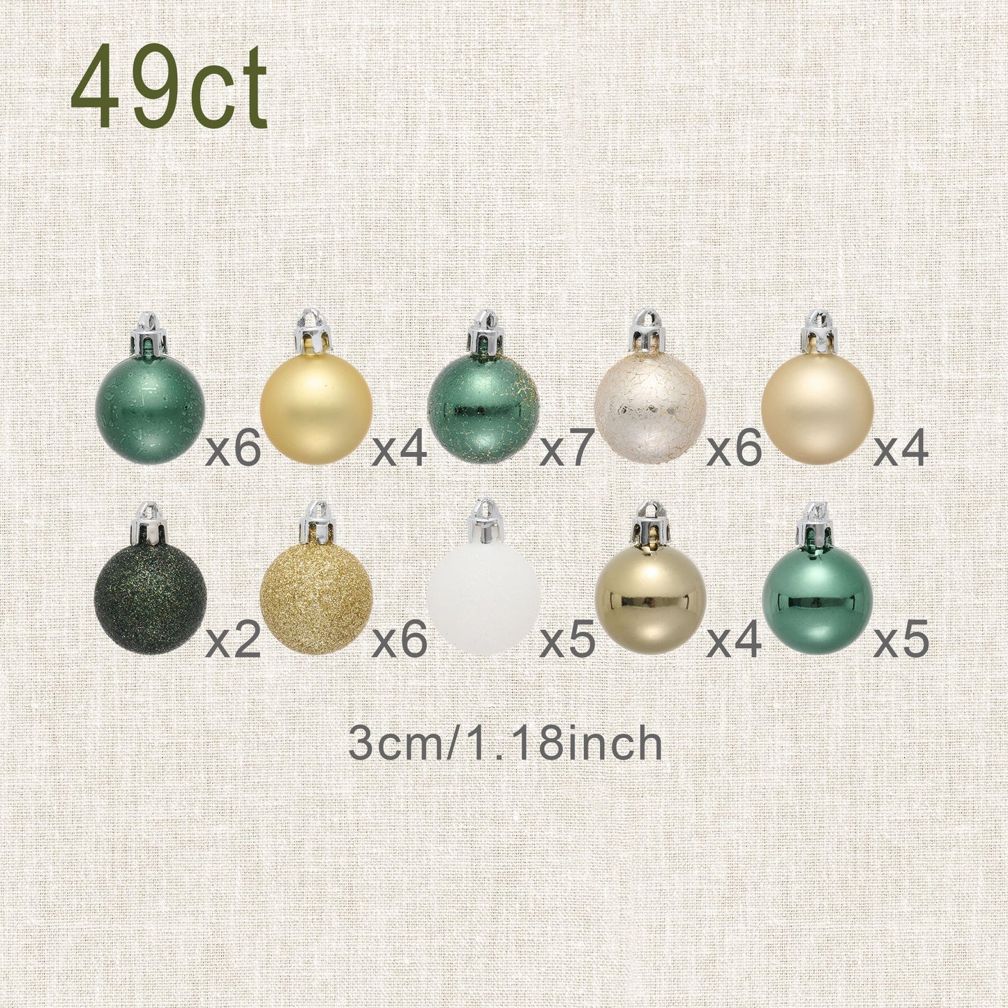 DecorbyHannah Mini Christmas Ornaments Tree Decorations, 49ct 1.18inches Emerald Green Gold Small Tree Ornaments, Shatterproof Plastic Ball Set for Holiday Xmas Decor