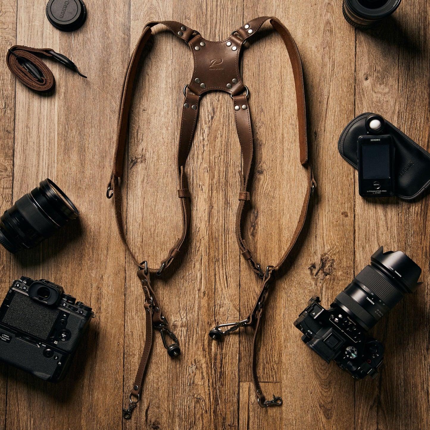 Padwa Lifestyle Dual Camera Harness Strap for Two-Cameras - Dual Shoulder Full Grain Leather Harness,Multi Double Camera Gear for DSLR/SLR Strap,Double Camera Harness for Photographers,Brown