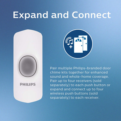 Philips Wireless Doorbell Kit, Plug-In Reciever, 2 Push Buttons, 8 Melodies, 4 Volume Levels, 150 Ft Range, White, DES2280W/27