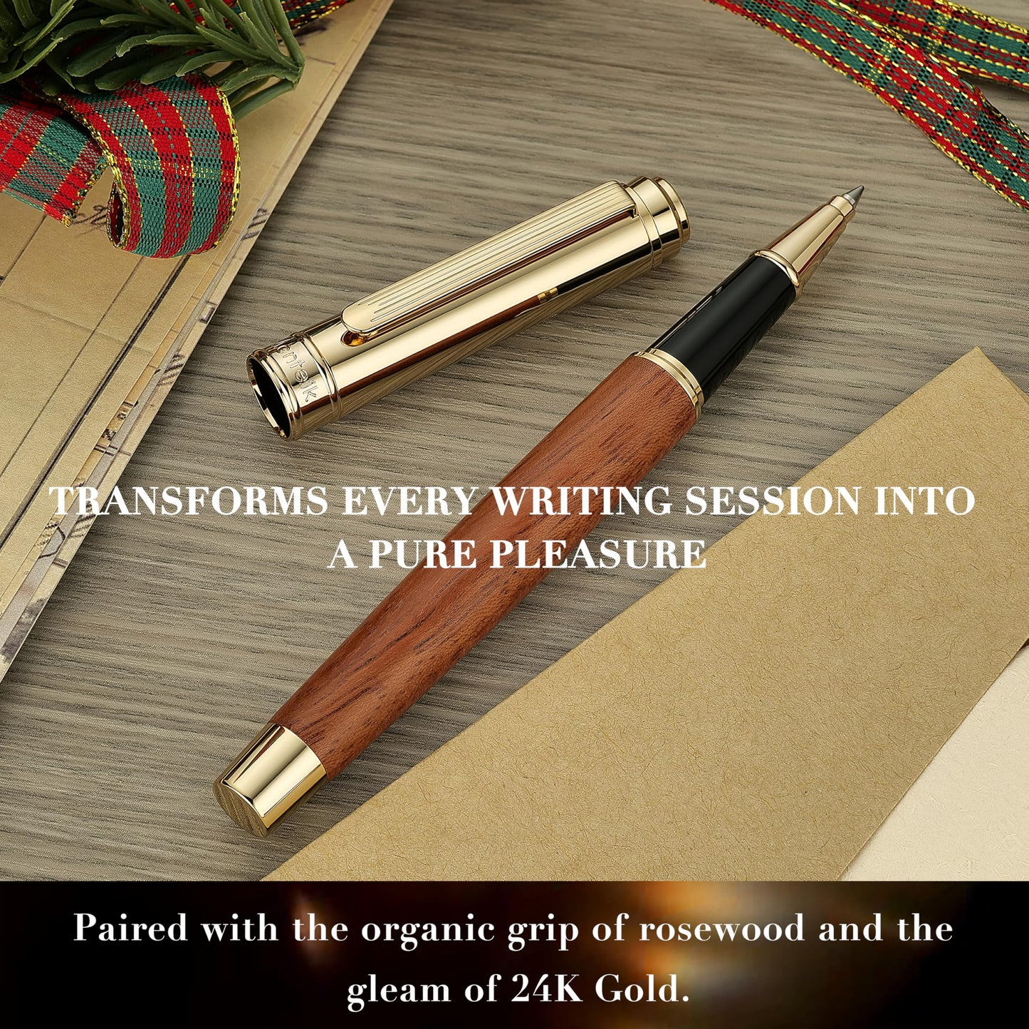 MCNTEIK 316 Luxury Journaling Pen, Nice Natural Wood for Writing, 24K Gold Accents, Schmidt refill, Fancy Rollerball, Gift Set for Men & Women, Executive & Professional Christmas Office, Pens-Rosewood