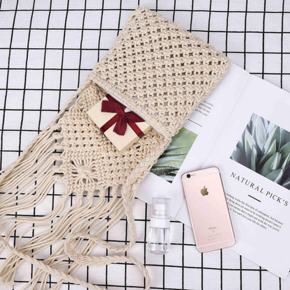 Women Tassel Shoulder Bag, Girls Fringed Crochet Purse Boho Crossbody Bags, Vintage Hand Woven Cotton Rope Hippie Style for Beach Vacation, Travel, Daily Use, Beige, Beige, S