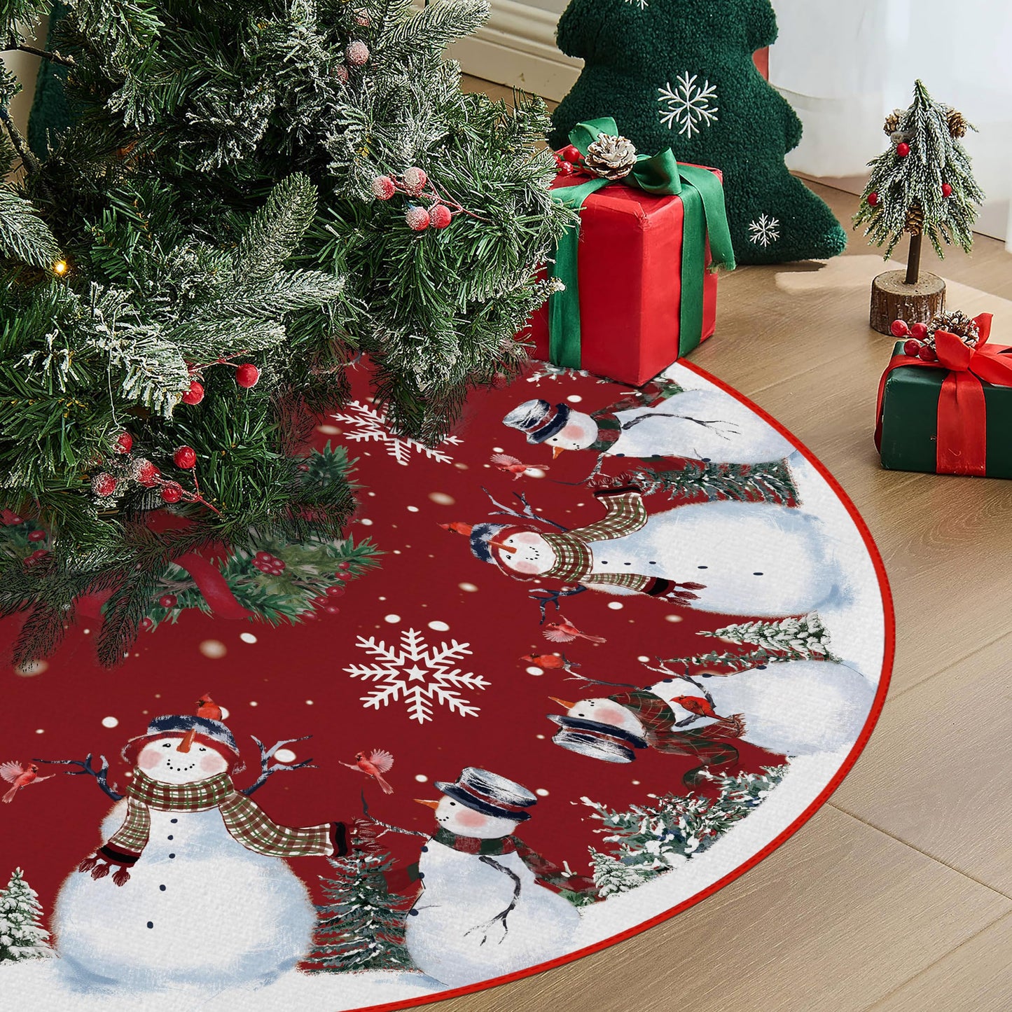 EKOREST Snowman Christmas Tree Skirt 48 Inches, Red Backgrond Snowflake Pencil Tree Skirt, Winter Xmas Tree Mat Decorations for Home Party Holiday Decorations